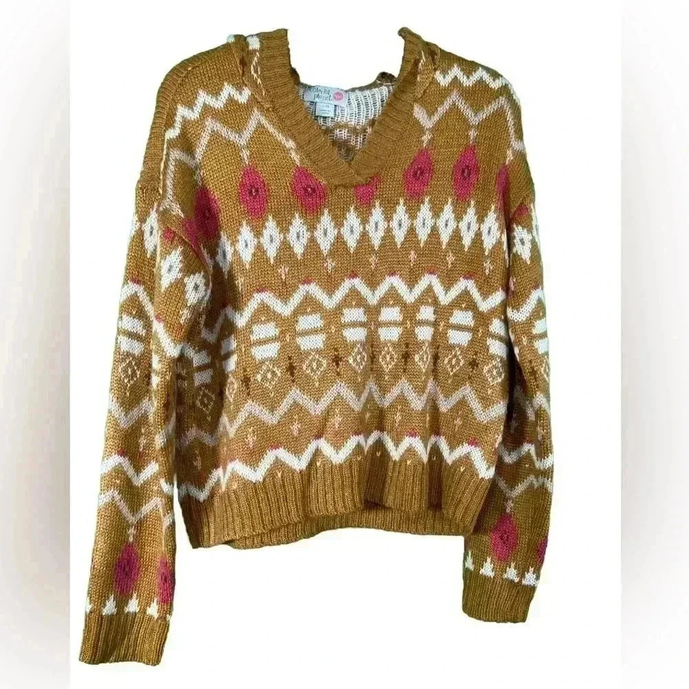 Colorful Planet Tan Pink Aztec Hooded Sweater Girl's Size Large 14 NWT
